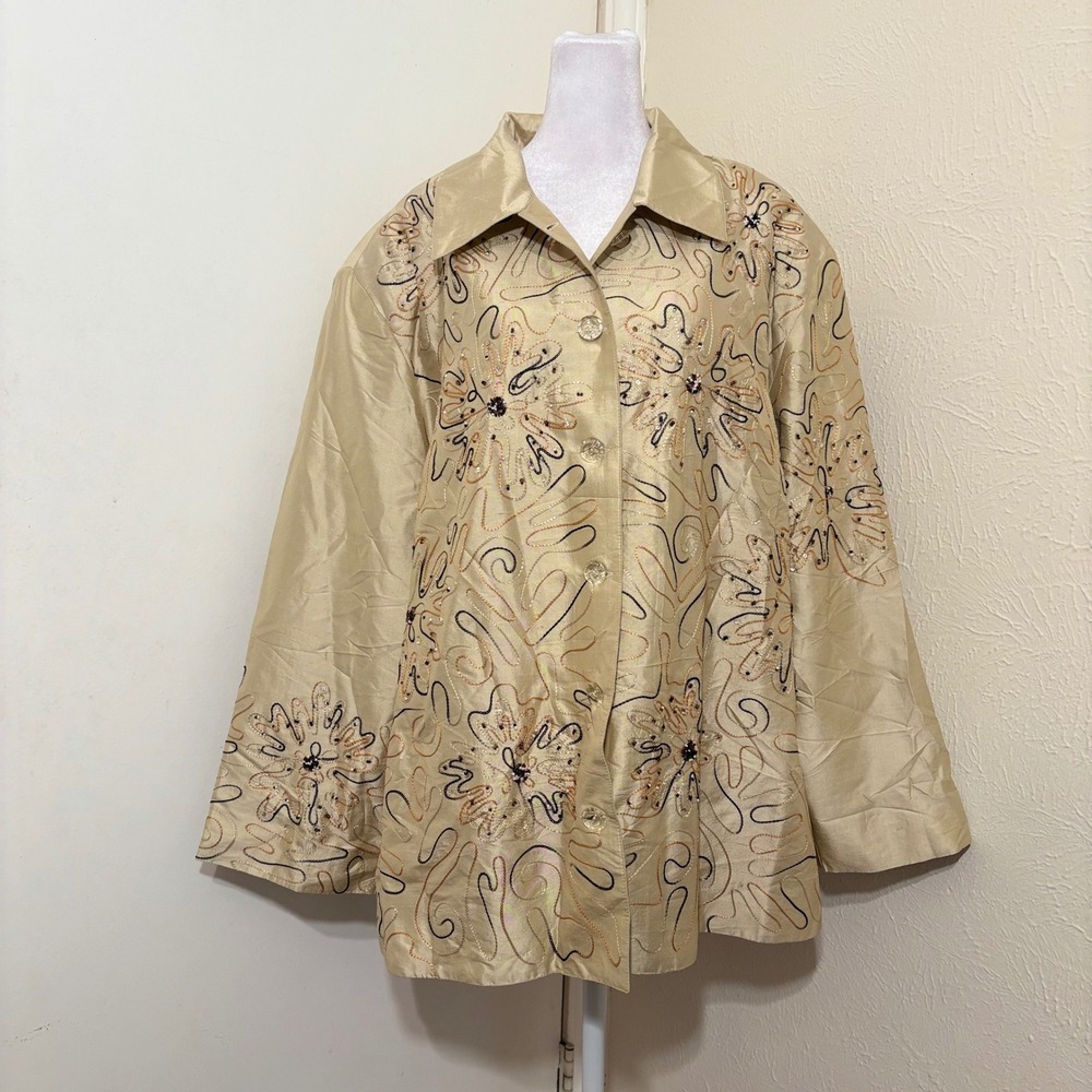 Abstract Embroidered Artsy Silk Retro Jacket Cream Gold Metallic Funky Unique 3X